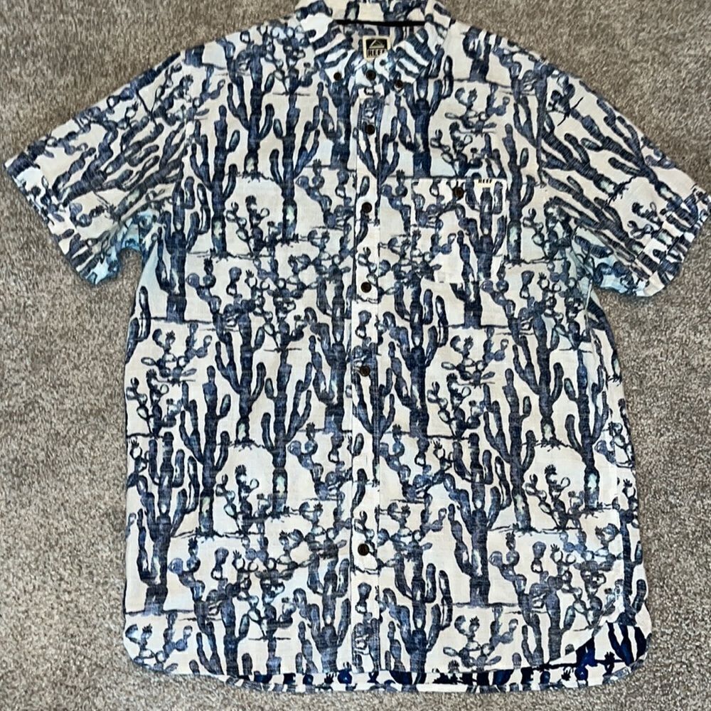 Reef Cotton Crepe Hawaiian Hawaii surf luau casual SS blue cactus crepe shirt M